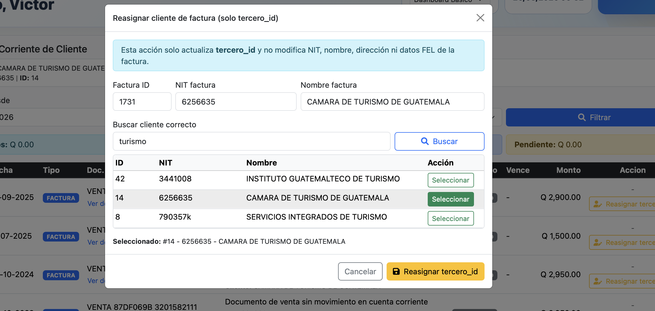 Reasignacion de factura para correccion