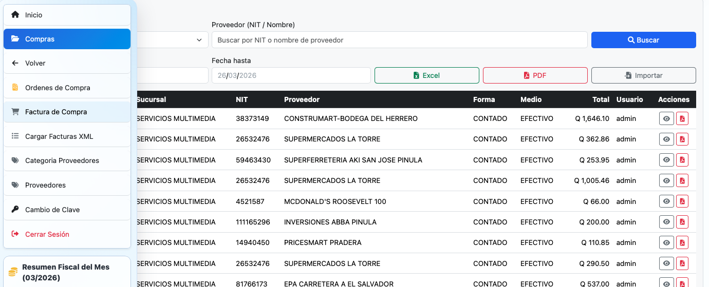 Listado de Facturas de Compras