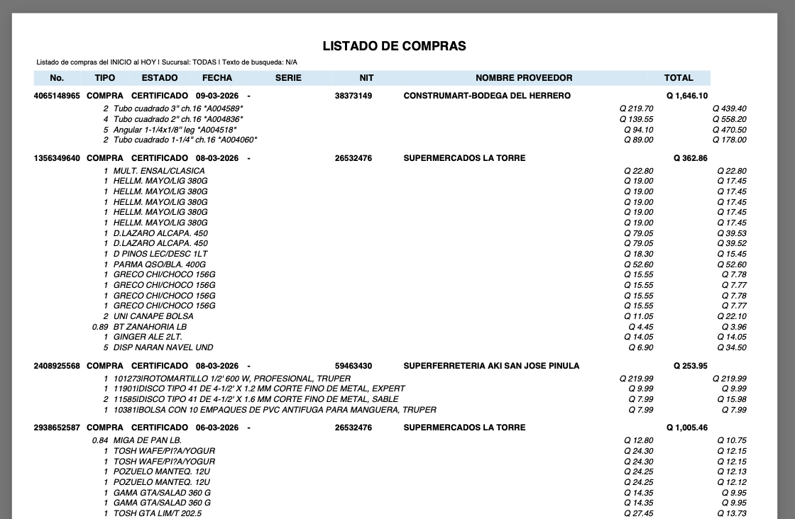 Impresion de Reporte de Compras