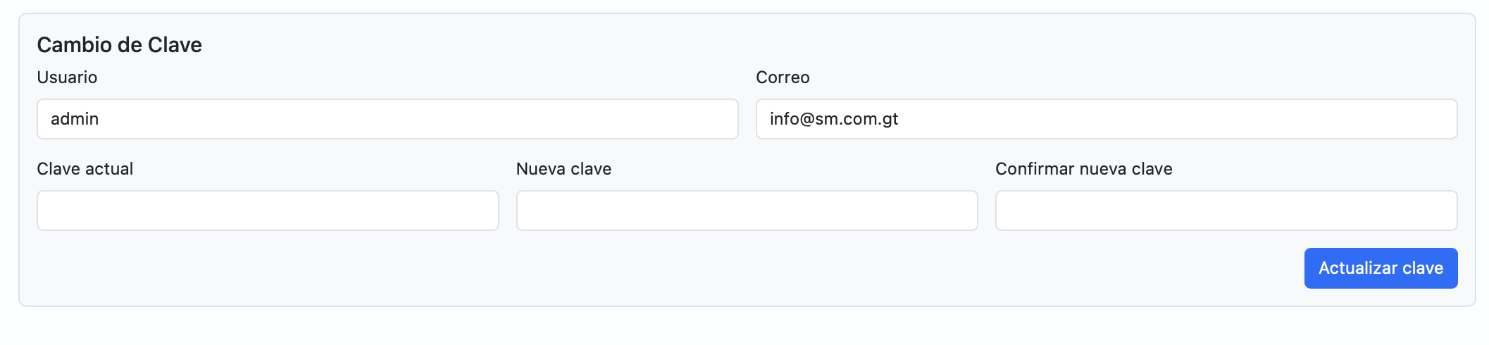 Opción de cambio de clave disponible dentro del menú del sistema.