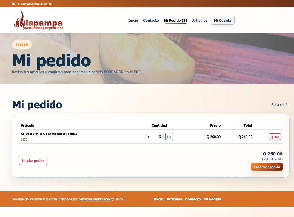 Panalla del Pedido realizado