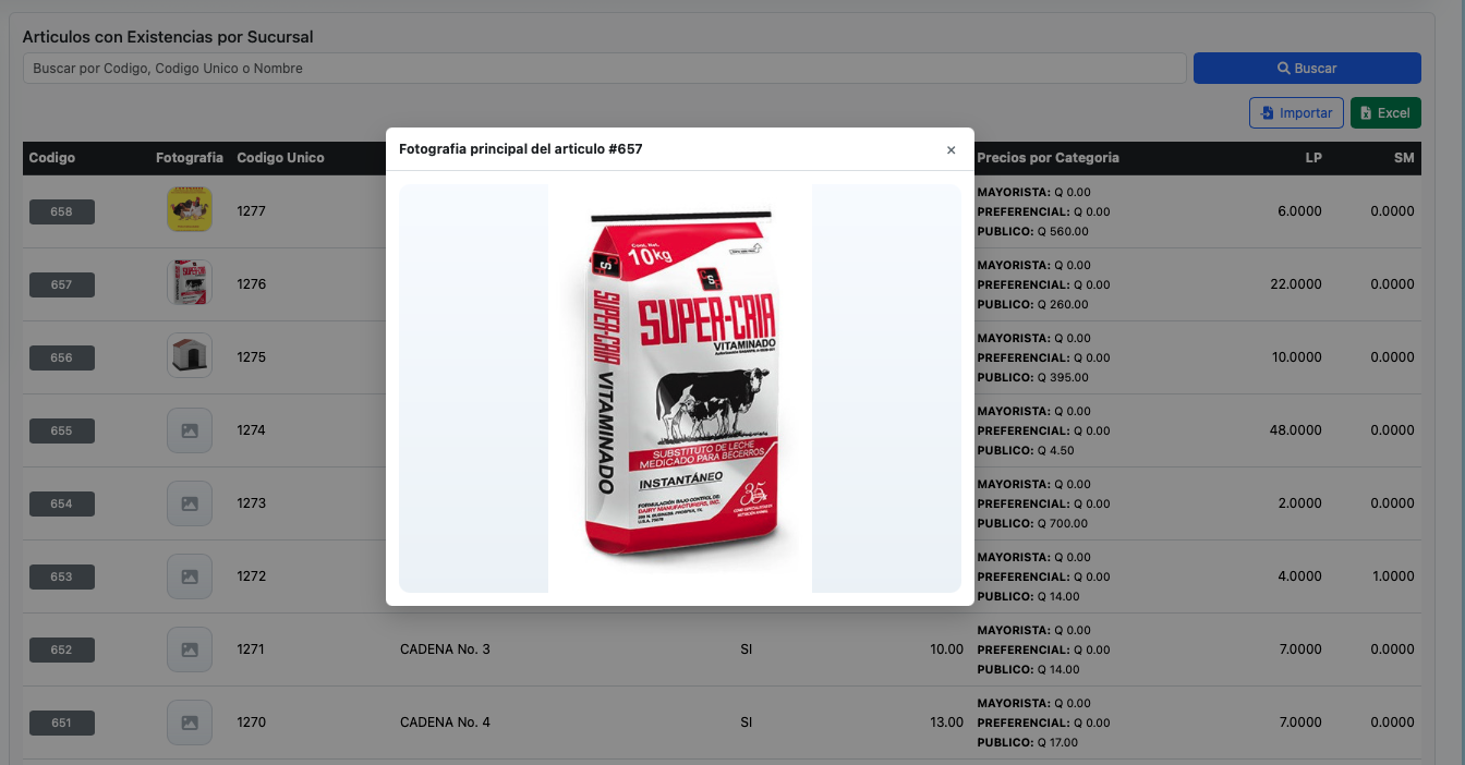 Listado de artículos con miniatura y vista ampliada de imagen.