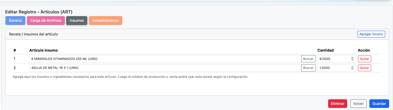 Pestaña Insumos dentro del registro de artículos.