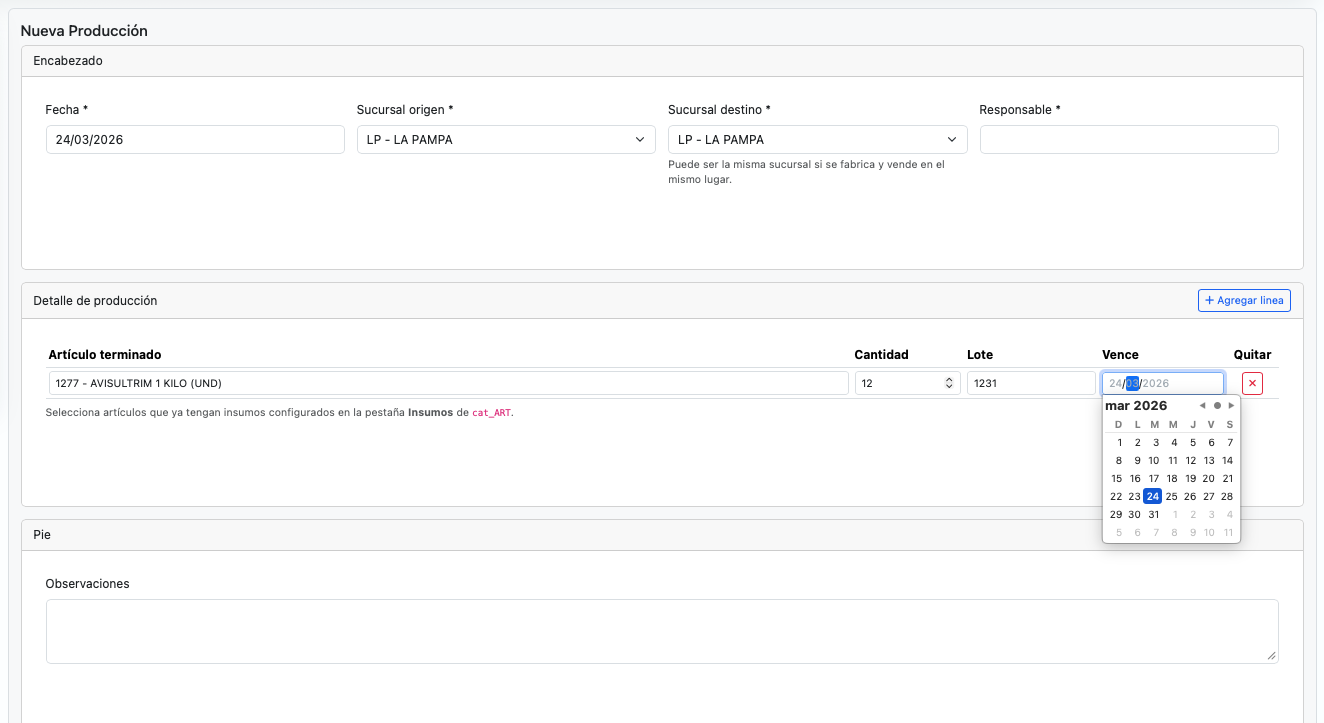 Formulario de producción con sucursal origen y destino
