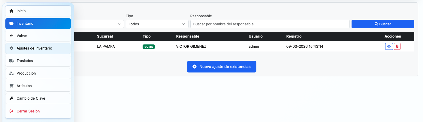 Pantalla inicial del módulo de Ajustes de Inventario.
