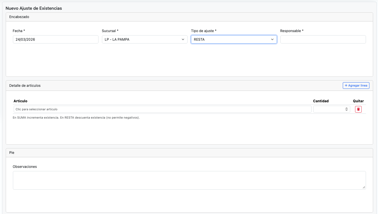 Formulario para seleccionar sucursal, tipo de ajuste y responsable.