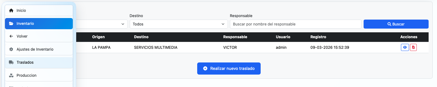 Pantalla inicial del módulo de Traslados.