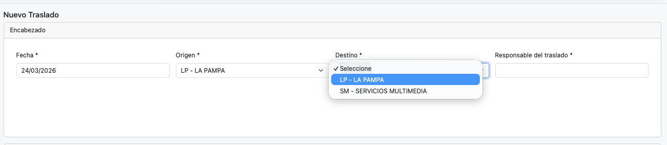 Selección de sucursal de origen.