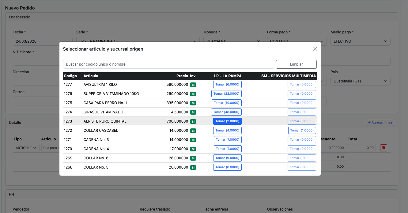 Botón para agregar la cantidad de líneas necesarias en el detalle del pedido.