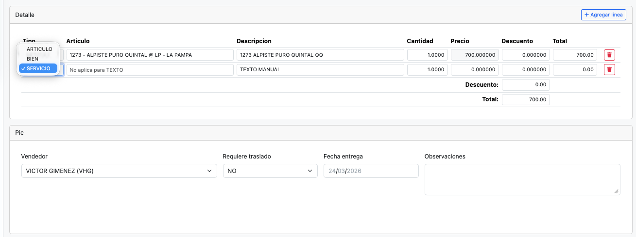 Ingreso manual del detalle cuando la línea es BIEN o SERVICIO.
