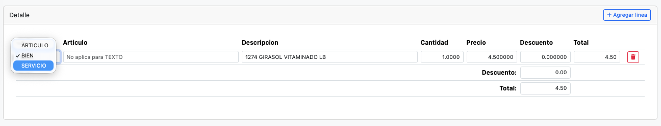 Seleccionar el tipo de artiulo que deseamos ingresar en el detalle