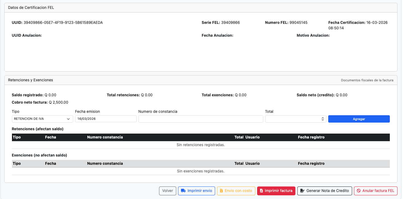 Para cada factura de venta, podemos Imprimir el Envio, Imprimir la Factura, Generar una Nota de Credito y Anular