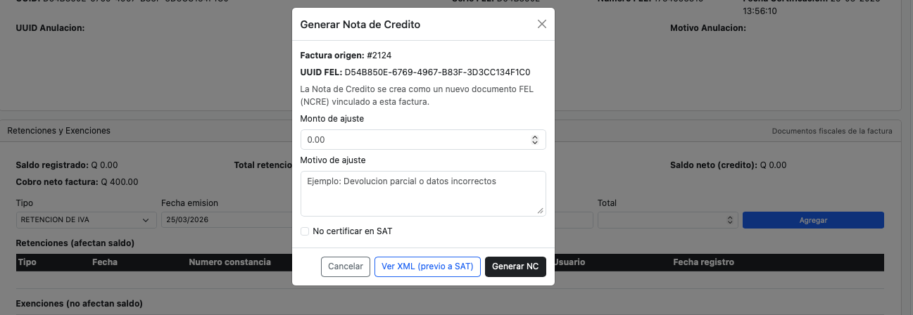 Ingreso de los datos para generar una Nota de Credito