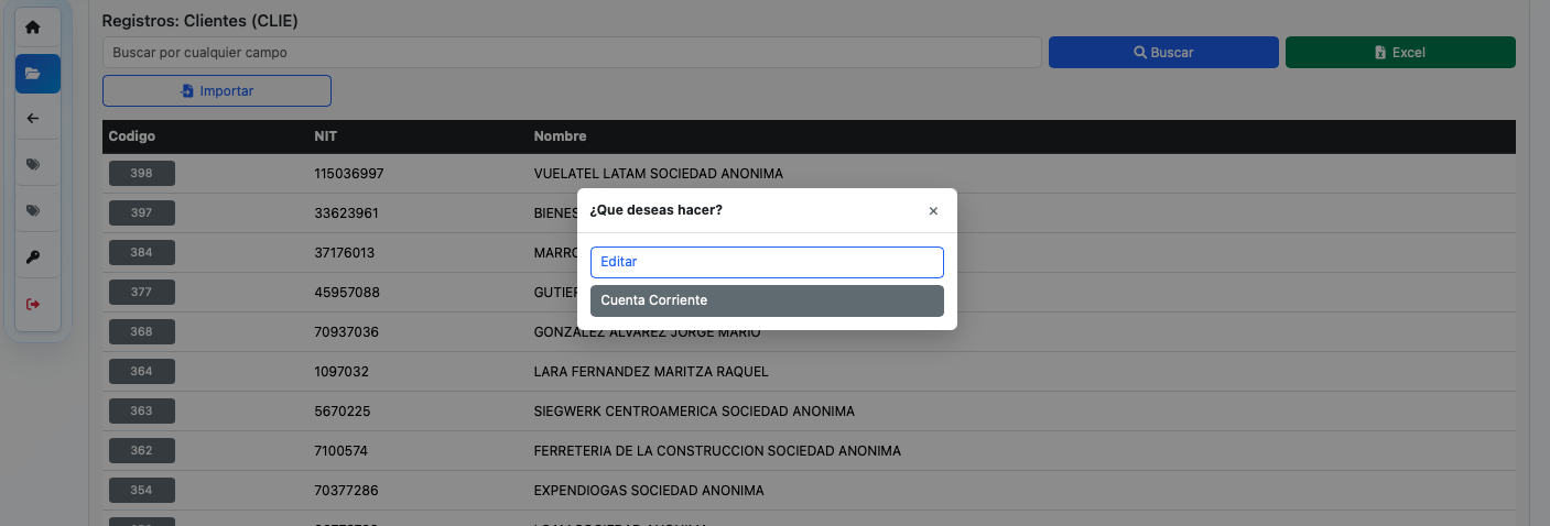 Acceso a la cuenta corriente desde el menú de acciones del cliente.