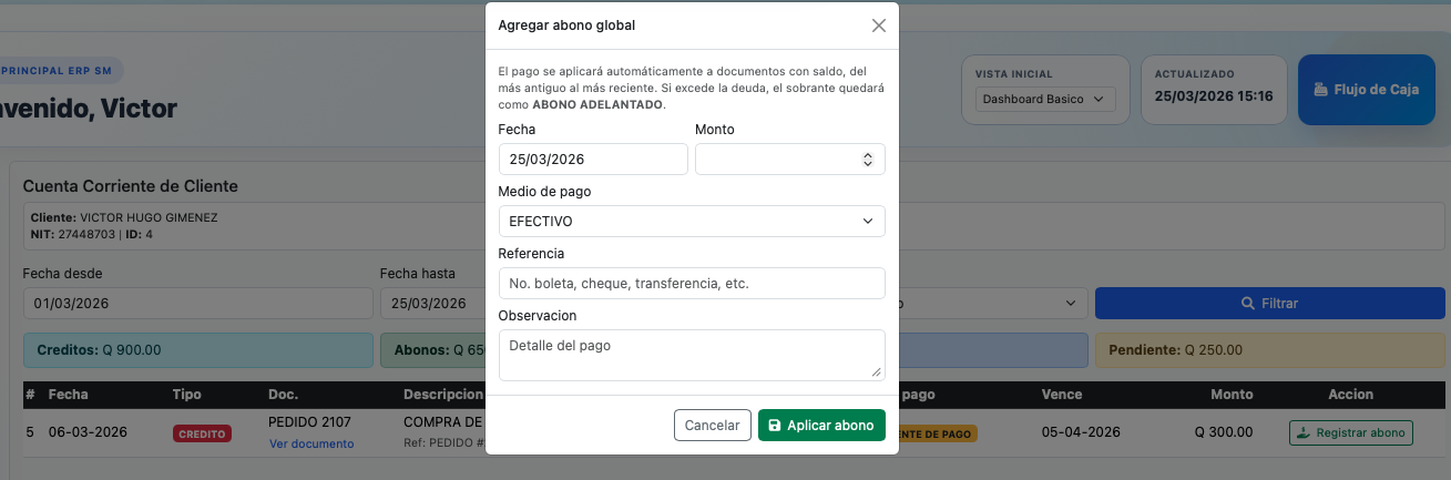 Ventana para registrar abonos aplicados a documentos del cliente.