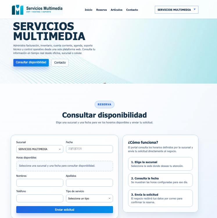 Vista principal del Portal para Clientes para consultar disponibilidad y enviar una solicitud de cita o reserva.