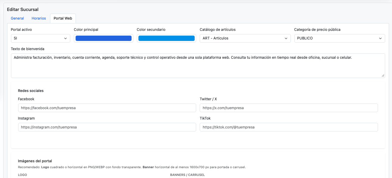 Sección de productos y contenido público del portal.