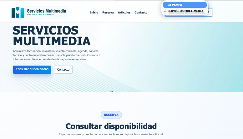 Portal con navegación por sucursal y configuración visual aplicada.
