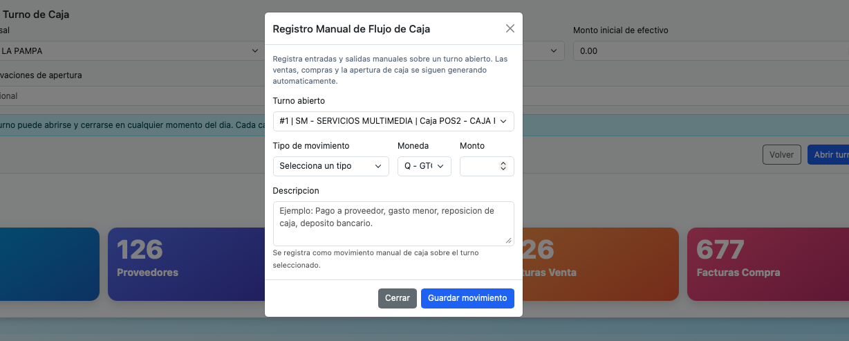 Acceso rápido Flujo de Caja desde el encabezado principal para registrar movimientos manuales.