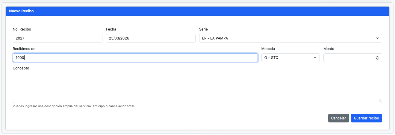 Formulario para ingresar un nuevo recibo desde Facturación / Recibos.