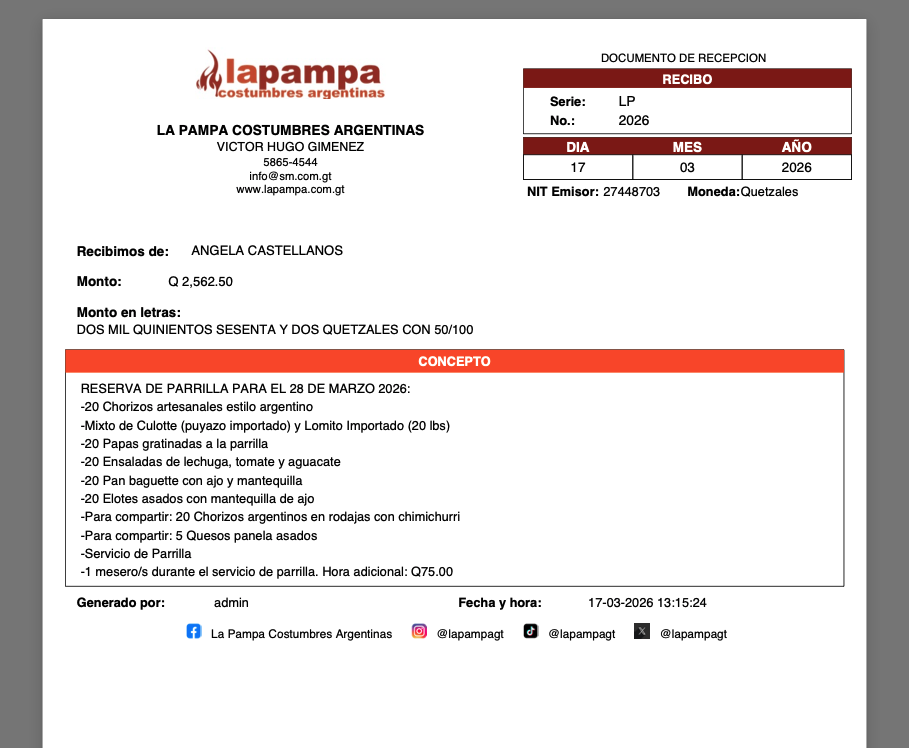 Formato de impresión del recibo con datos generales, monto, concepto y usuario generador.