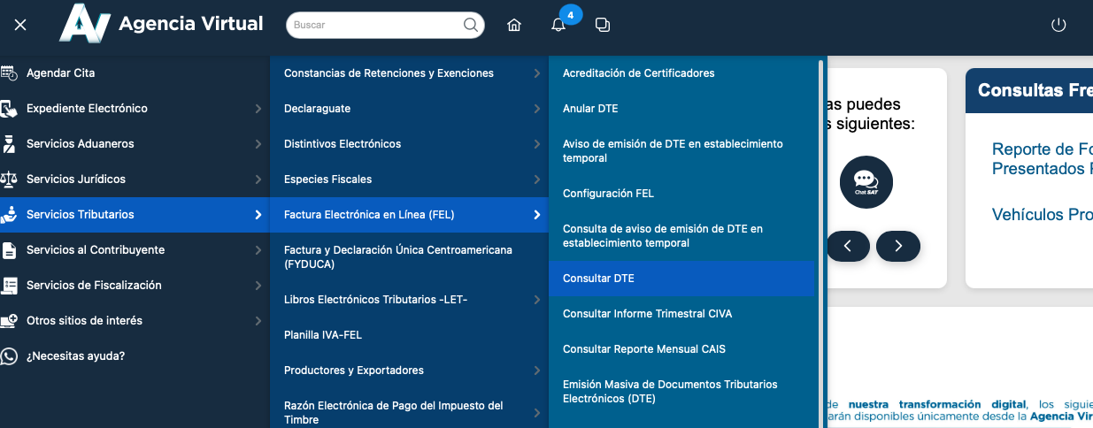 Ruta en SAT: Servicios Tributarios / FEL / Consultar DTE.