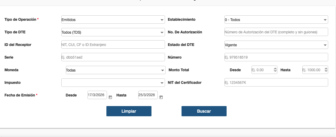 Filtro de consulta de DTE emitidos con operación, estado y rango de fechas.